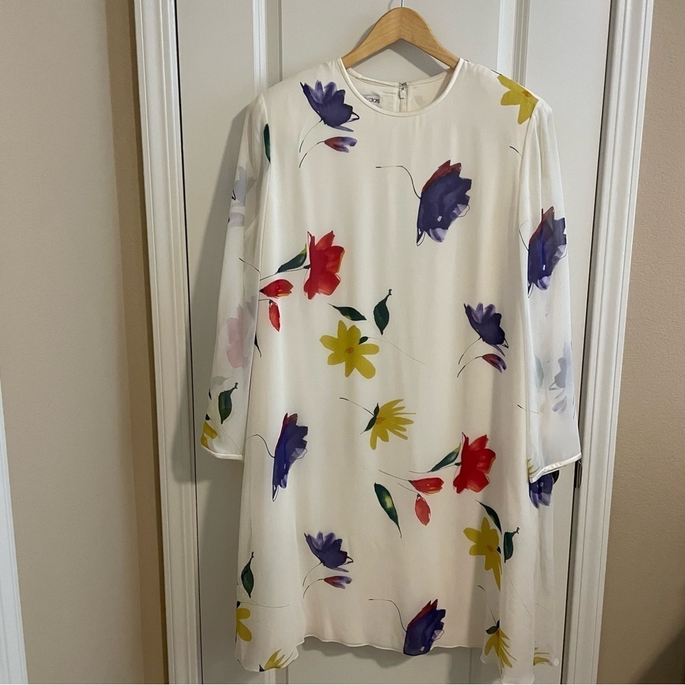 Vintage Anne Crimmins Silk Floral Print Dress with Scarf Cream Size 14 - 16
